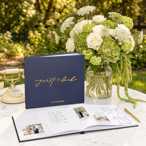 Wedding Guest Book, Polaroid Photo Guestbook for Baby Shower, Blank Pages | Table Sign Included, Gold Stamping, Hardcover, 9x7.5", Perfect for Bridal Party & Baby Shower, Navy - color: Navy