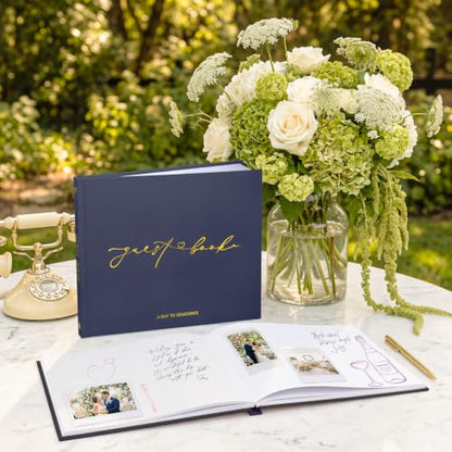 Wedding Guest Book, Polaroid Photo Guestbook for Baby Shower, Blank Pages | Table Sign Included, Gold Stamping, Hardcover, 9x7.5", Perfect for Bridal Party & Baby Shower, Navy - color: Navy