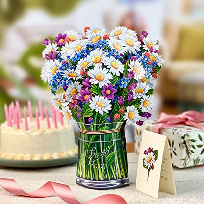 Freshcut Paper Pop Up Cards, Field of Daisies, 12 Inch Life Sized Forever Flower Bouquet 3D Popup Greeting Card, Birthday Cards, Get Well Gifts, Blank Notecard & Envelope - color: Field of Daisies New, size: Classic