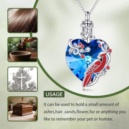 TOUPOP Sterling Silver Urn Necklace for Ashes with Crystal Memorial Keepsake Dragonfly/Butterfly/Cardinal/Cat/Dolphin Cremeation Jewelry Birthday Mothers Day Christmas Gifts for Her Women - style: Cardinal