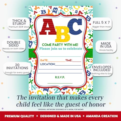 ABC Alphabet Letters and Learning Birthday Party Invitations, 20 5x7 Fill In Cards with Twenty White Envelopes by AmandaCreation - style: ABC Alphabet Letters