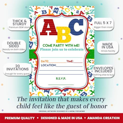 ABC Alphabet Letters and Learning Birthday Party Invitations, 20 5x7 Fill In Cards with Twenty White Envelopes by AmandaCreation - style: ABC Alphabet Letters