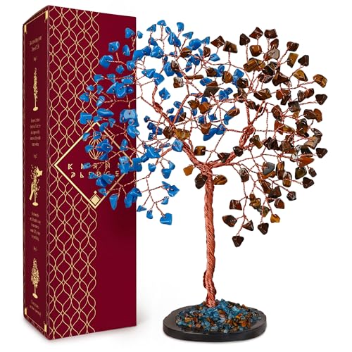 Handmade Healing Crystal Tree of Life Pink Tiger Eye and Turquoise Chakra Tree for Money, Good Luck, Feng Shui Home Decor, Living Room Office Deocration, Unique Birthday Gifts for Women, Men, Mom - color: 5 Pink Tiger Eye and Turquoise Dual Beads