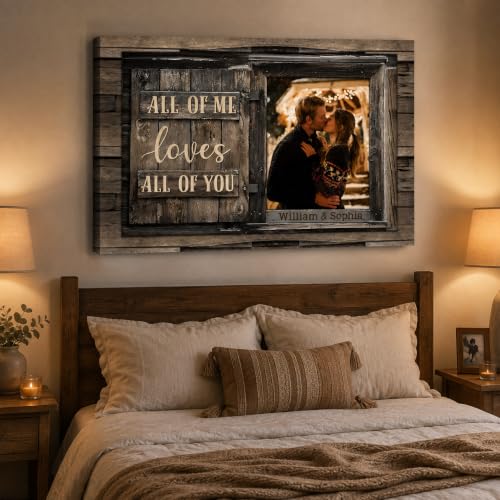 KiKiLuna Personalized “All Of Me Loves All Of You” Framed Canvas Wall Art | Custom Photo & Names Rustic Wood Couple Decor, Ready to Hang Wedding Anniversary Valentine’s Day Gift - color: Style6