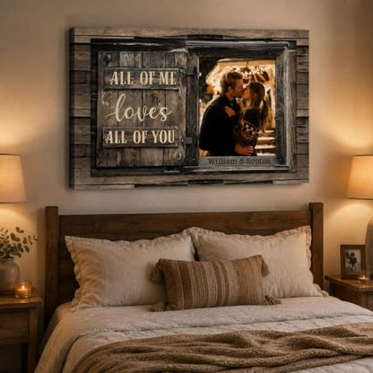 KiKiLuna Personalized “All Of Me Loves All Of You” Framed Canvas Wall Art | Custom Photo & Names Rustic Wood Couple Decor, Ready to Hang Wedding Anniversary Valentine’s Day Gift - color: Style6