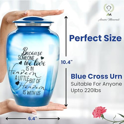 Urns for Human Ashes Adult, Large Cremation Urn for Men & Women, Handcrafted Metal Urn with Secure Lid for Funeral & Burial (Blue Cross - 220 Cubic Inches) - color: Blue Cross