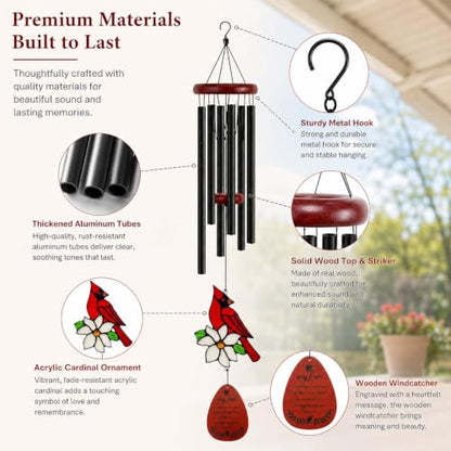 Cardinal Memorial Wind Chimes for Loss of Loved One, Lasting Sympathy Gift for Loss of Mother/Dad/Husband, Rustproof Aluminum for Outside Patio Porch Garden Decor