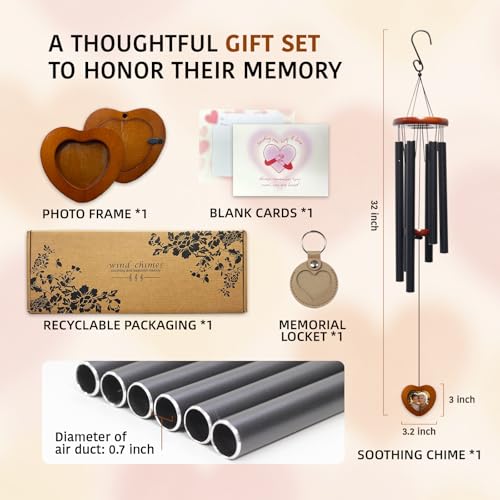 Memorial Wind Chimes with Wooden Photo Frame, 32 Inch Sympathy Windchime Outdoors for Loss of Loved One, Personalized Berevement/Memorial Gifts for Loss of Mother, Father, Husband, Friend, Pet