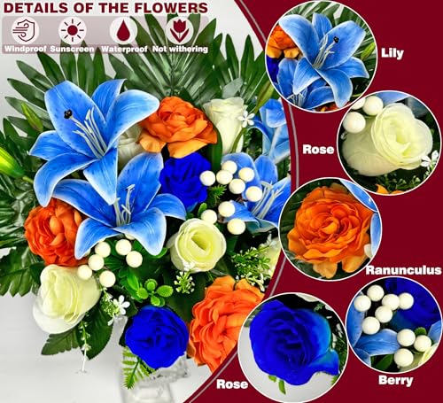 Artificial Cemetery Flowers for Grave Vase - Gravesite Flowers,Headstone Decorations with Blue Lily White Rose Mix Bouquet