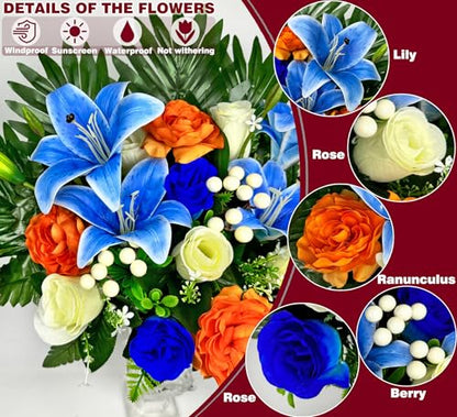 Artificial Cemetery Flowers for Grave Vase - Gravesite Flowers,Headstone Decorations with Blue Lily White Rose Mix Bouquet