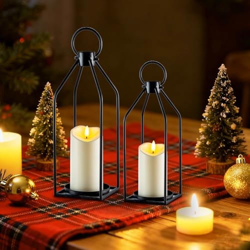 Homemory Modern Farmhouse Black Metal Lanterns 2PCS with Flameless Candle - color: Black
