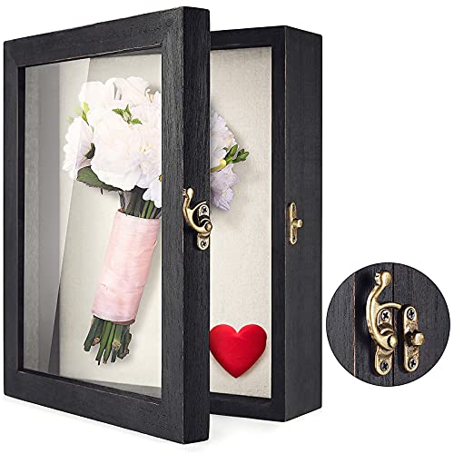 TJ.MOREE Shadow Box 8x10 Memory Display Case Wooden Picture Frame Black | Fits 7x9 Inserts with Linen Back, Rustic Keepsake Box with Glass for Pet Memorabilia Gifts, Wedding Bouquet, Military Medals - color: Black, size: 8x10