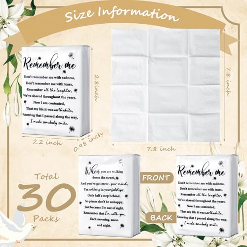 Sinmoe 30 Pack Funeral Tissues Packs for Guests Memorial Keepsakes Facial Pocket Tissues Bulk Favors Inspirational Poem 3 Ply Mini Travel Size Tissue Packs for Guests Relatives Family (Memorial) - style: Memorial