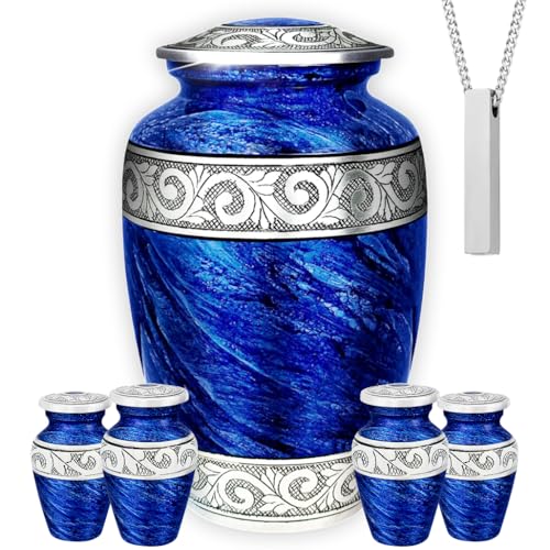 Eternal Blue Set of 6 Urn for Human Ashes – Adult Male & Female Large Urn with 4 Keepsake and 1 Memorial Necklace - color: Eternal Blue Urn Set