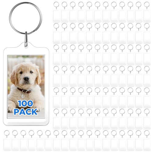 100 PCS Clear Acrylic Photo Keychain, Photo Insert Keychain, DIY Personalized Picture Frame Keyrings with Split Rings, 1.4 x 2.4 Inches