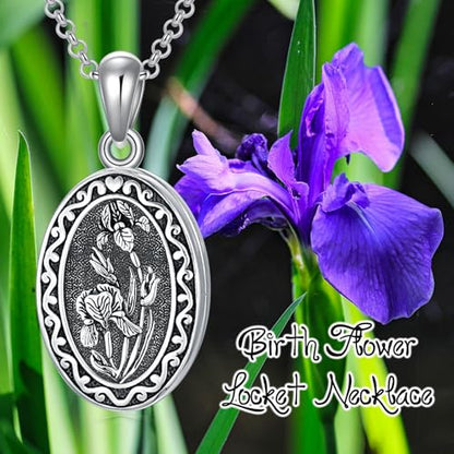 Birth Flower Photo Locket Necklace 925 Sterling Silver 12 Month Locket Necklace with Picture Birth Flower Photo Jewelry Gifts for Women Mother Mom Daughter - color: 02-February-Iris, style: 1.no custom