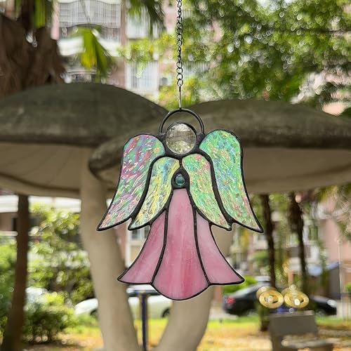 Handmade Stained Glass Angel Suncatcher, Tiffany Style Pink Angel Window Hanging, Memorial Sympathy Gift for Mom, Grandma, Friend, Remembrance Keepsake Home Decor Ornament - color: A-angel