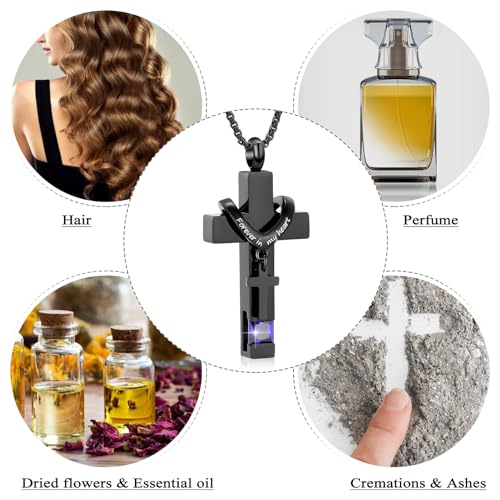 Oinsi Black Cross Urn Necklace For Ashes Of Loved Ones With Birthstone Always In My Heart Cremation Jewelry Keepsake Pendant Women Men - color: Purple Stone
