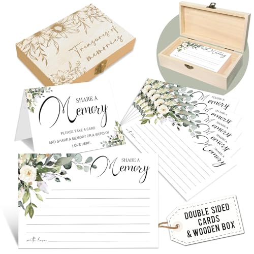 Share a Memory Cards with Box, Funeral Memory Box with 50 Greenery Cards, Wooden Keepsake Holder, Guest Book Idea for Memorial Service, Celebration of Life Decor, Wedding, Birthday -A01