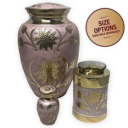 Pink Garden Brass Keepsake Cremation Urn | Unique Brass Funeral Urn with Gold & Pink Enamel Details | Keepsake - size: Keepsake
