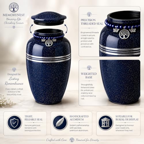 Blue Urn for Human Ashes Adult 220 lbs Metal Cremation Urns Men & Women | Tree of Life & Butterfly Charm, Speckled Navy Blue Color, Solid Metal Build, Threaded Lid, Velvet Bag, For Male & Female - color: Blue