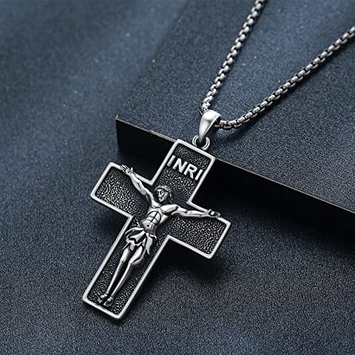 Crucifix Necklace for Men 925 Sterling Silver Jesus Cross Necklace Crucifix Cross Pendant Protection Jewelry for Men Women - style: B05-INRI