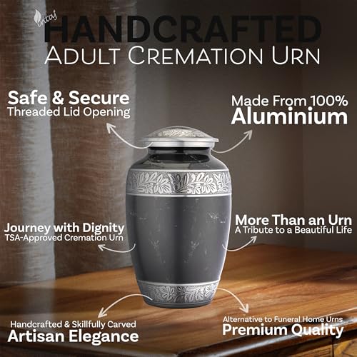 Marble Finish Metal Cremation Urn for Human Ashes, 200 Cu in, Black - color: Black, size: Large