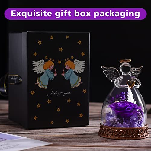 Preserved Real Rose in Glass Angel Figurine with LED Light, Angel Gifts for Women, Mom, Grandma on Mother's Day Christmas Birthday (Purple) - color: Purple