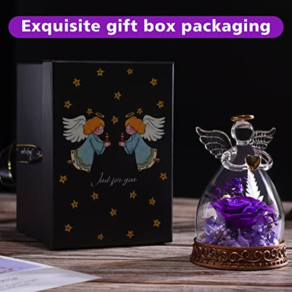 Preserved Real Rose in Glass Angel Figurine with LED Light, Angel Gifts for Women, Mom, Grandma on Mother's Day Christmas Birthday (Purple) - color: Purple