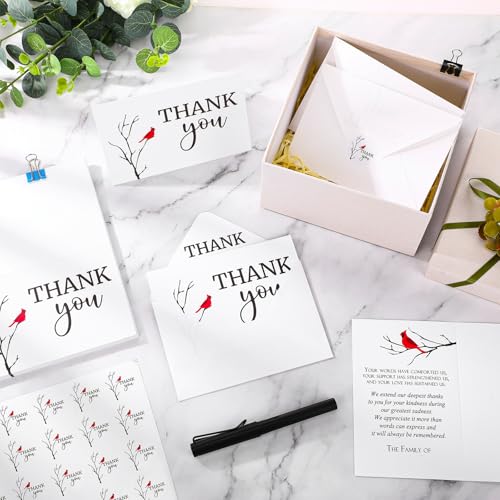 Marspark 25 Pack Funeral Thank You Cards Sympathy Envelopes, Cardinals | Bereavement Message Memorial Postcards with Stickers, for Loved Ones Family Friends, Celebration of Life - style: Cardinals