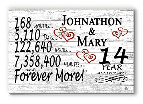 Personalized 14 Year Anniversary Sign Gift 14th Wedding Anniversary Present For Couple Days Minutes Years - Solid Wood - 16.5in x 10.5in x .75in (14 Year) - color: 14 Year