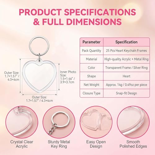 25Pcs Heart-Shaped Picture Frame Keychains Clear Acrylic Photo Frames DIY Pendant Blank Keyrings for Couples Crafts Keyring