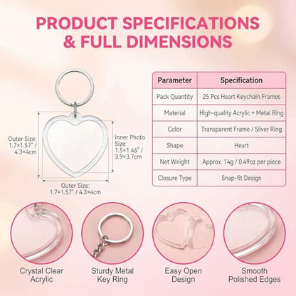 25Pcs Heart-Shaped Picture Frame Keychains Clear Acrylic Photo Frames DIY Pendant Blank Keyrings for Couples Crafts Keyring