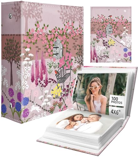 Slohif Photo Album 4x6 Pictures Leather Small Memory Book Keepsake for Family Wedding Postcard 100 Pockets Personalized Couples Photobook for Engagement Travel Vacation Birthday Honeymoon Flower - style: Flower
