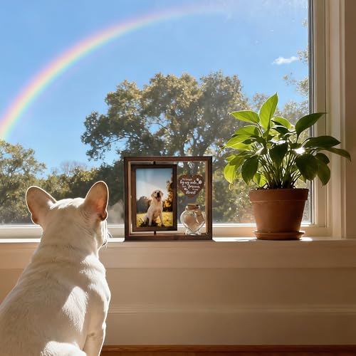 Dog Memorial Gifts for Loss of Pet - Rotating Wooden Frame for 4x6 Photo & Fur Hair Jar - Sympathy Gift for Pet Bereavement, Remembrance Keepsake - Rainbow Bridge Gift for Cat Lovers