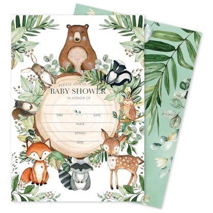 Whaline 25 Sets Woodland Baby Shower Party Invitations with Envelope Stickers Watercolor Forest Animal Greenery Invitation Cards Blank Invites for Baby Shower Birthday Party Supplies, 5 x 7 Inch - style: Woodland animals