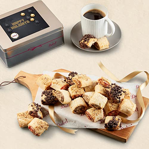 Dulcet Gift Baskets, Fresh Baked Holiday Bakery Rugelach fillings of chocolate chip, raspberry, Cinnamon and Apricot Gift Tin Assortment, Top Holiday Tin for Men and Women. - style: Holiday