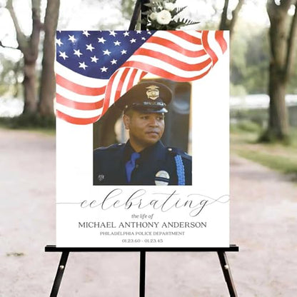 American Flag Celebration of Life Welcome Sign, Funeral Welcome Sign, in Loving Memory Sign, Celebration of Life Funeral Sign, Celebration of Life Sign, Military Memorial Sign with Photo #Ki133 - color: Version #32