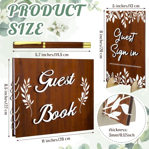 Spakon 3 Pcs Wooden Wedding Guest Book with Sign and Pen, Rustic Album