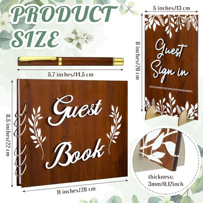 Spakon 3 Pcs Wooden Wedding Guest Book with Sign and Pen, Rustic Album