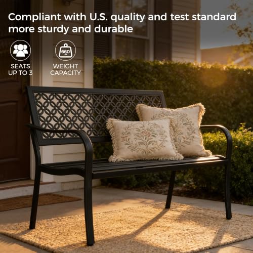 Grand patio 50" Outdoor Bench, Garden Bench with Armrests, Black | Anti-Rust Metal Powder Coated Frame, Patio Bench for Front Porch Park Outside Furniture - color: Black