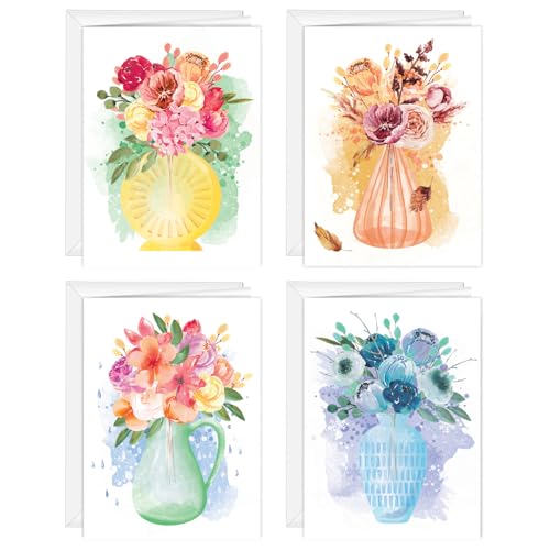 Canopy Street Seasonal Watercolor Floral Cards / 24 Note Card Pack With White Envelopes / 4 All Occasion Designs / 3 1/2" x 4 7/8" Small Blank Inside Greeting Cards/Made In The USA - color: Seasonal Watercolor Floral