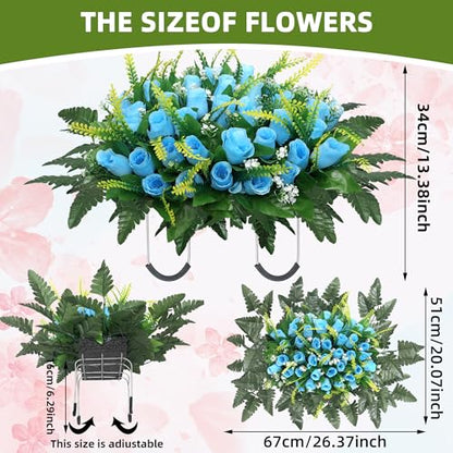 Cemetery Headstone Flower Saddle, Blue Silk Roses, 19x9x27 Inches, 1 Piece, Traditional Elegant Style, Artificial Grave Flowers, Grave Tombstone Decorations - color: Blue