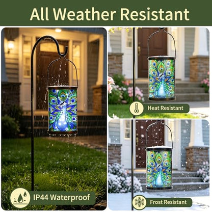 MUMTOP Peacock Glass Solar Lantern Waterproof Outdoor Hanging Garden Light - color: Teal