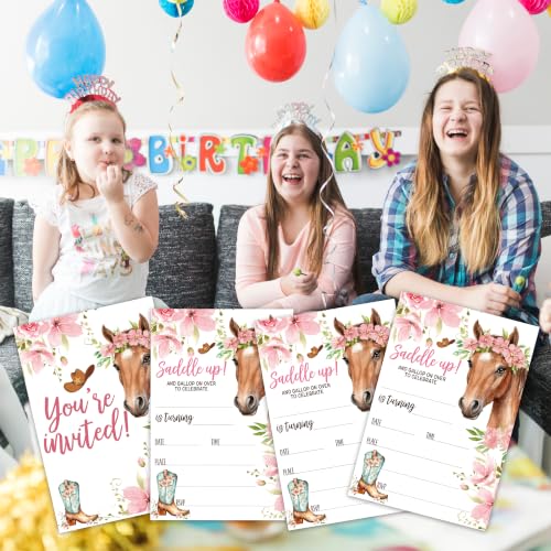 Cowgirl Horse Birthday Invitation Cards with Envelopes, 20 Pack 4x6 Fill-In Party Invites for Girls Boys, Western Floral Saddle Up Birthday Party Supplies - B03 - color: Cowgirl