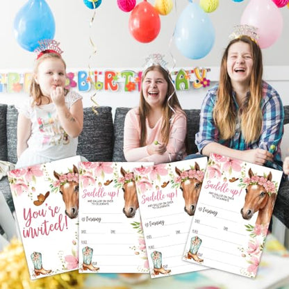 Cowgirl Horse Birthday Invitation Cards with Envelopes, 20 Pack 4x6 Fill-In Party Invites for Girls Boys, Western Floral Saddle Up Birthday Party Supplies - B03 - color: Cowgirl