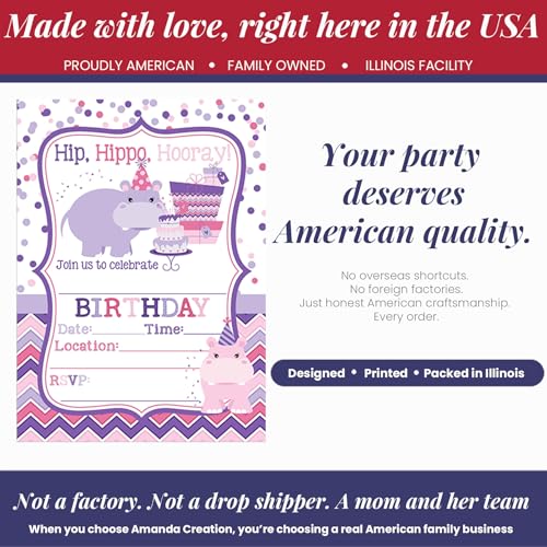 Amanda Creation Hippo Birthday Invitations for Girls, 20 Pack 5x7 Fill-In Party Cards with White Envelopes, Hip Hippo Hooray Cute Animal Design, Made in USA - color: Hip Hippo Hooray Hippopotamus