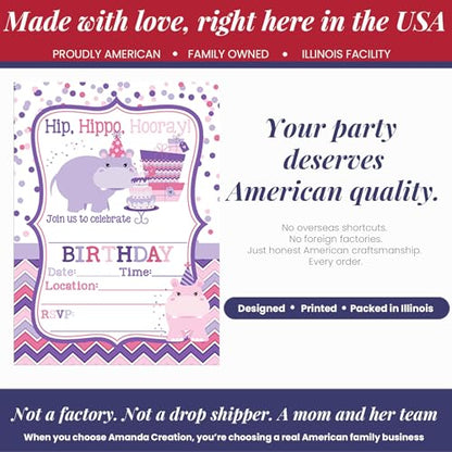 Amanda Creation Hippo Birthday Invitations for Girls, 20 Pack 5x7 Fill-In Party Cards with White Envelopes, Hip Hippo Hooray Cute Animal Design, Made in USA - color: Hip Hippo Hooray Hippopotamus