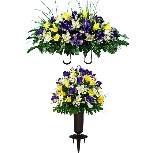 Artificial Cemetery Flowers - Grave Decoration - Yellow Tulips and Purple Iris (1) Headstone Saddle (1) Bouquet (1) Vase - color: Yellow/Purple, size: (1) Saddle (1) Bouquet (1) Vase