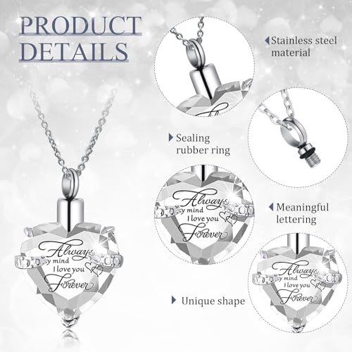 Huquary 16 Pcs Urn Necklace for Ashes Waterproof Stainless Steel Carved Ashes Locket with 8 Filling Kit Heart Cylinder Cross Cubic Fish Hook Jewelry for Ashes with Wing Diamond for Men Women - color: White
